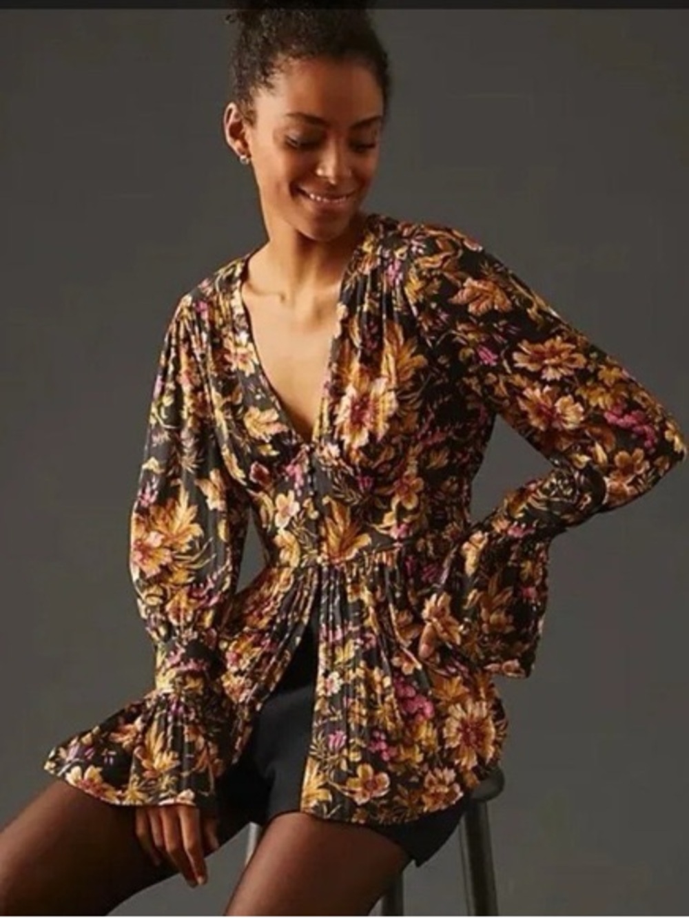Anthropologie Long Sleeve Top - Black/Floral